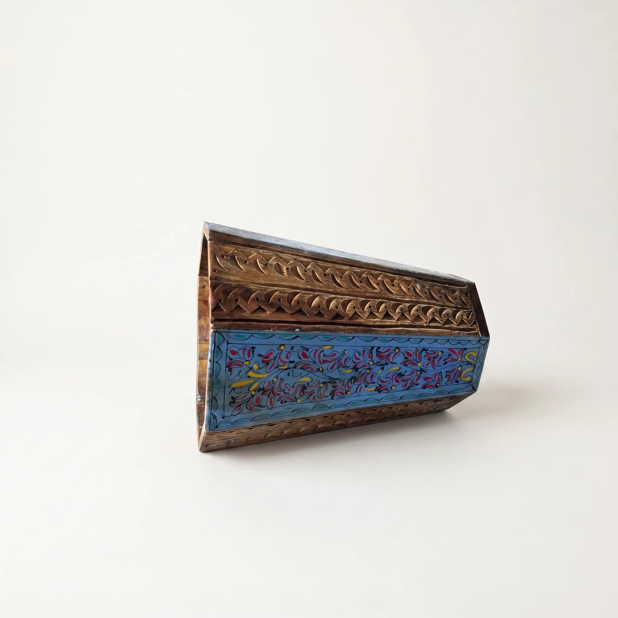 Hand-Carved Swati Wooden Basket – 12” Hexagonal Magazine & Prayer Mat Holder