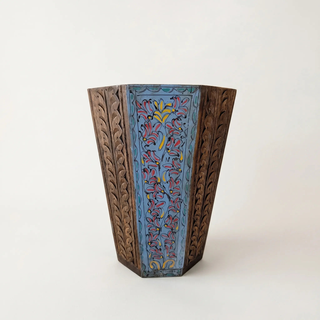 Hand-Carved Swati Wooden Basket – 12” Hexagonal Magazine & Prayer Mat Holder