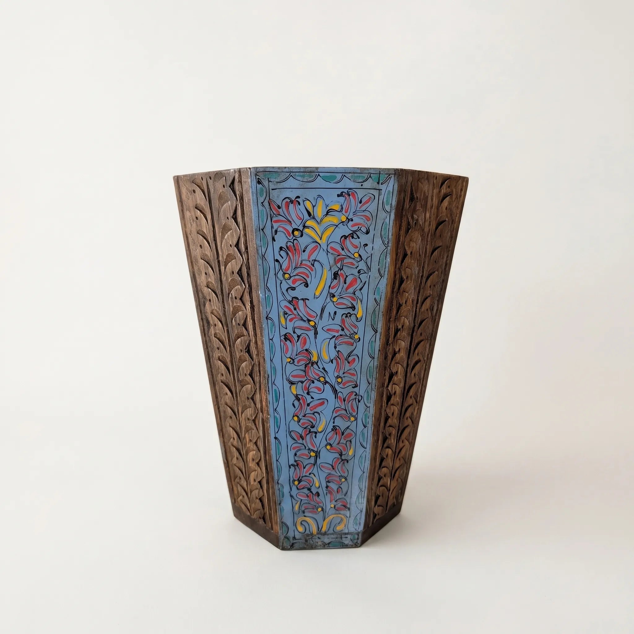 Hand-Carved Swati Wooden Basket – 12” Hexagonal Magazine & Prayer Mat Holder