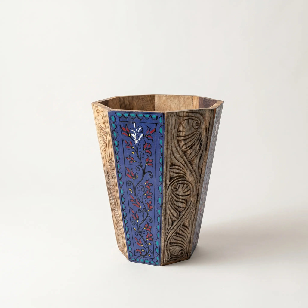 Hand-Carved Swati Wooden Basket – 12” Hexagonal Holder with Purple Painted Panels