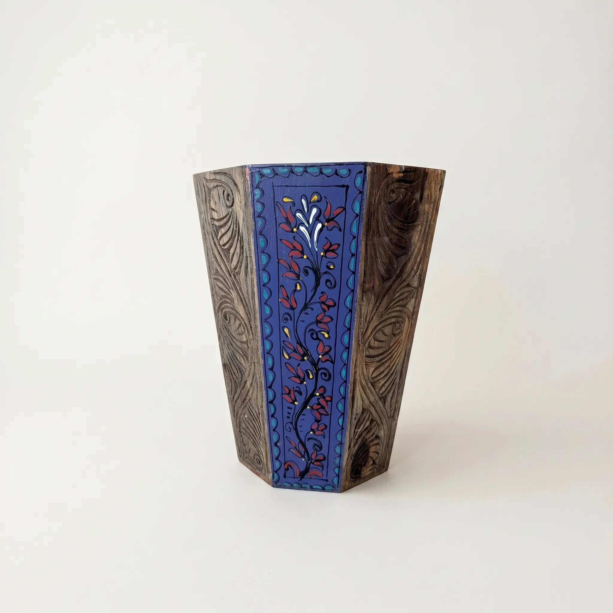Hand-Carved Swati Wooden Basket – 12” Hexagonal Holder with Purple Painted Panels
