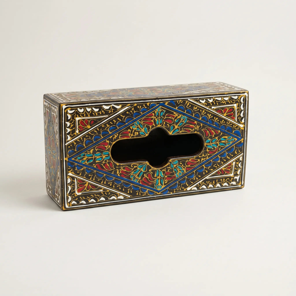 Dark Swati Wooden Tissue Box – 5x10” Oil-Painted Floral Tissue Holder