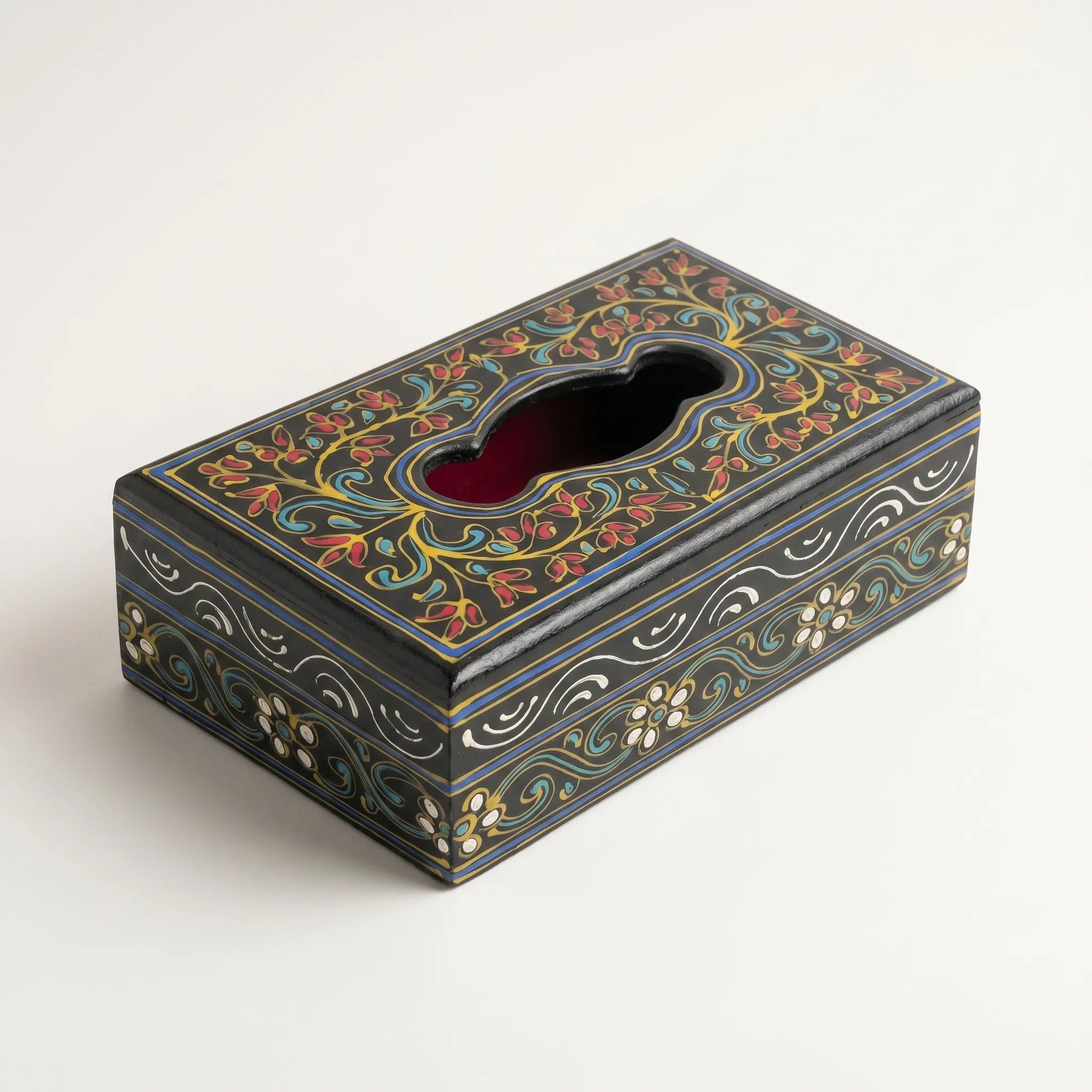 Black Swati Wooden Tissue Box – 4x10” Oil-Painted Floral Tissue Holder