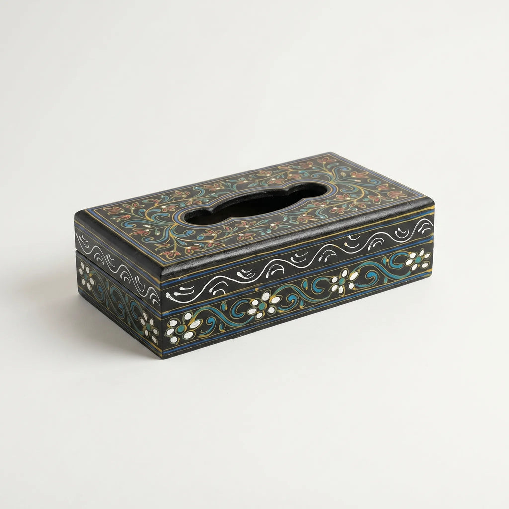 Black Swati Wooden Tissue Box – 4x10” Oil-Painted Floral Tissue Holder