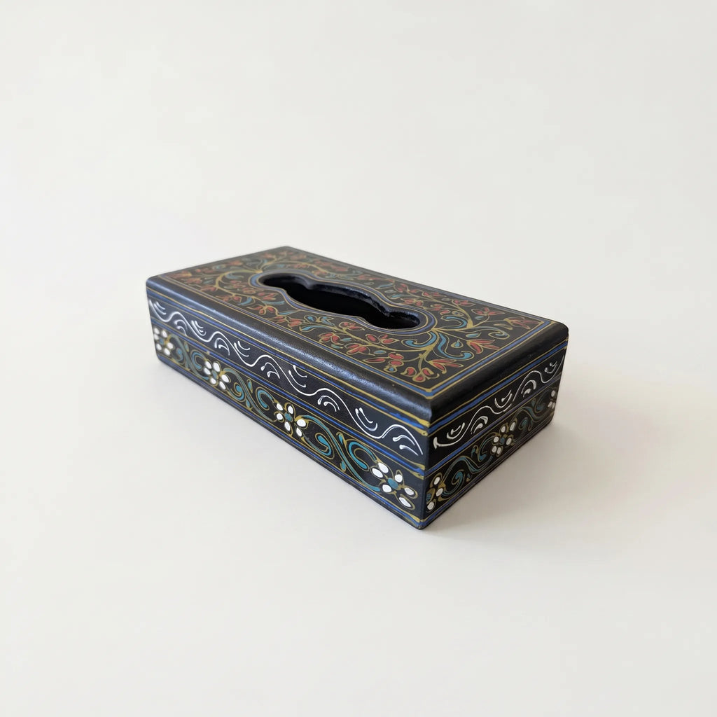 Black Swati Wooden Tissue Box – 4x10” Oil-Painted Floral Tissue Holder