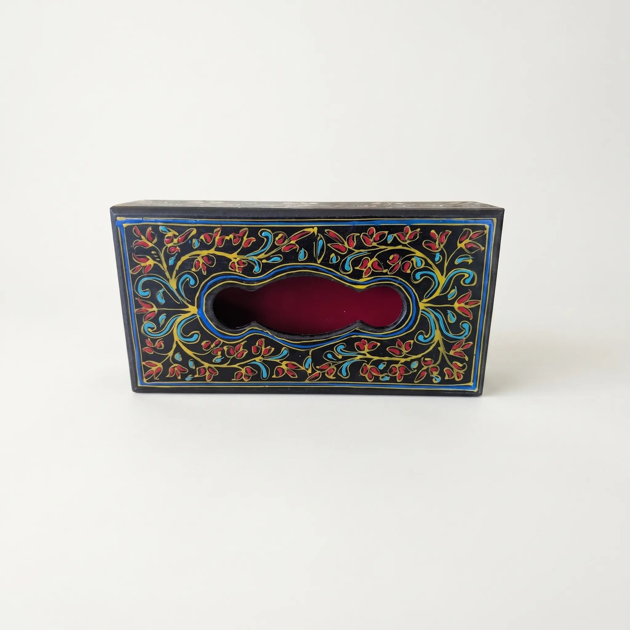 Black Swati Wooden Tissue Box – 4x10” Oil-Painted Floral Tissue Holder