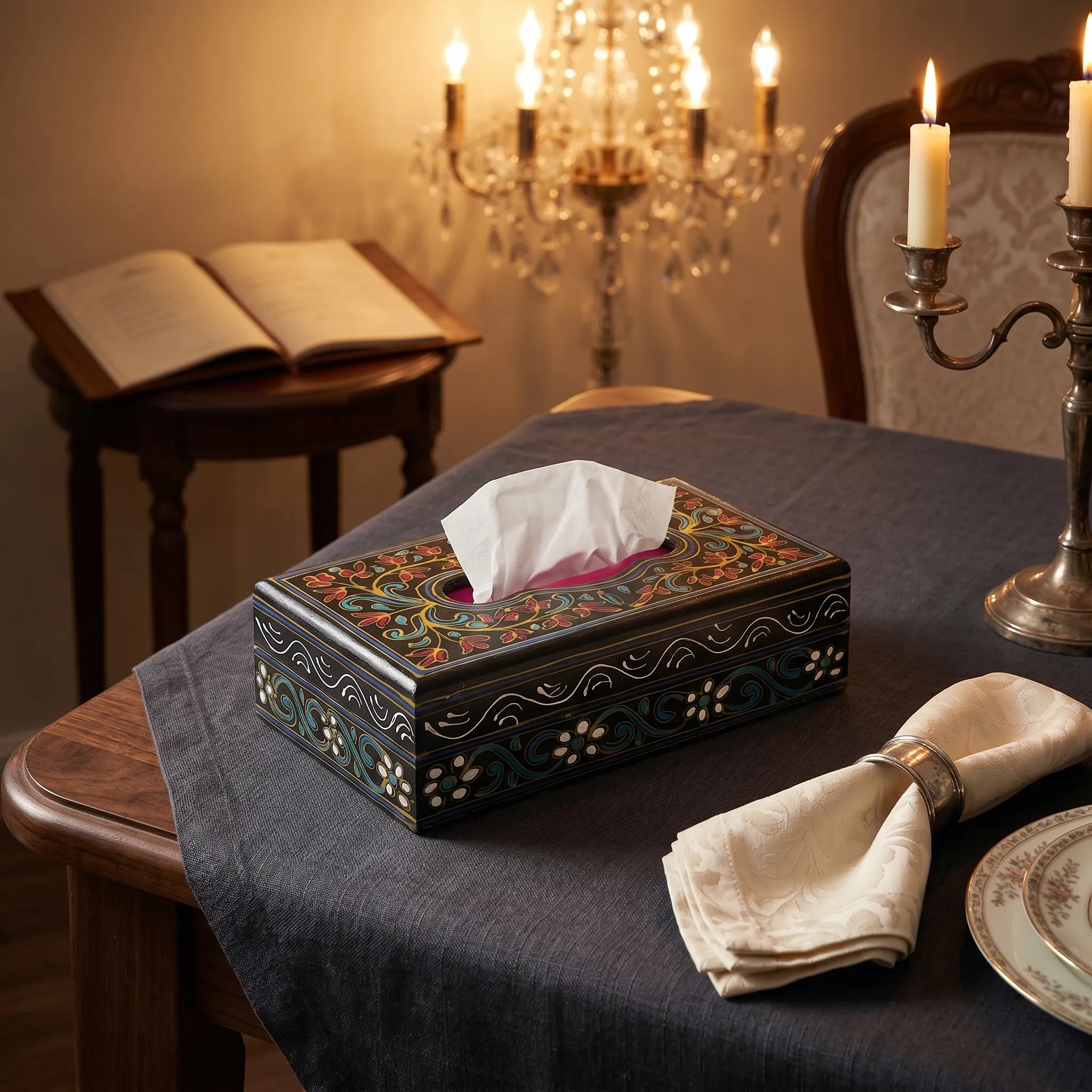 Black Swati Wooden Tissue Box – 4x10” Oil-Painted Floral Tissue Holder