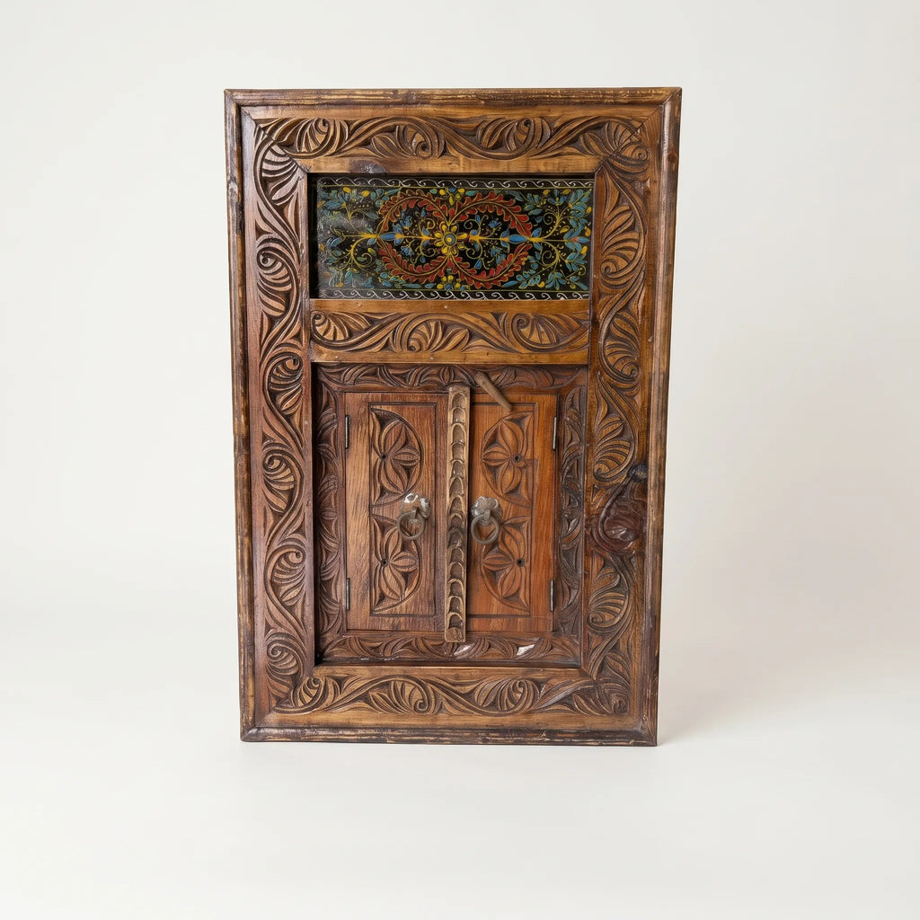 Hand-Carved Swati Mirror Frame with Doors – 20x30” Wooden Wall Decor Frame
