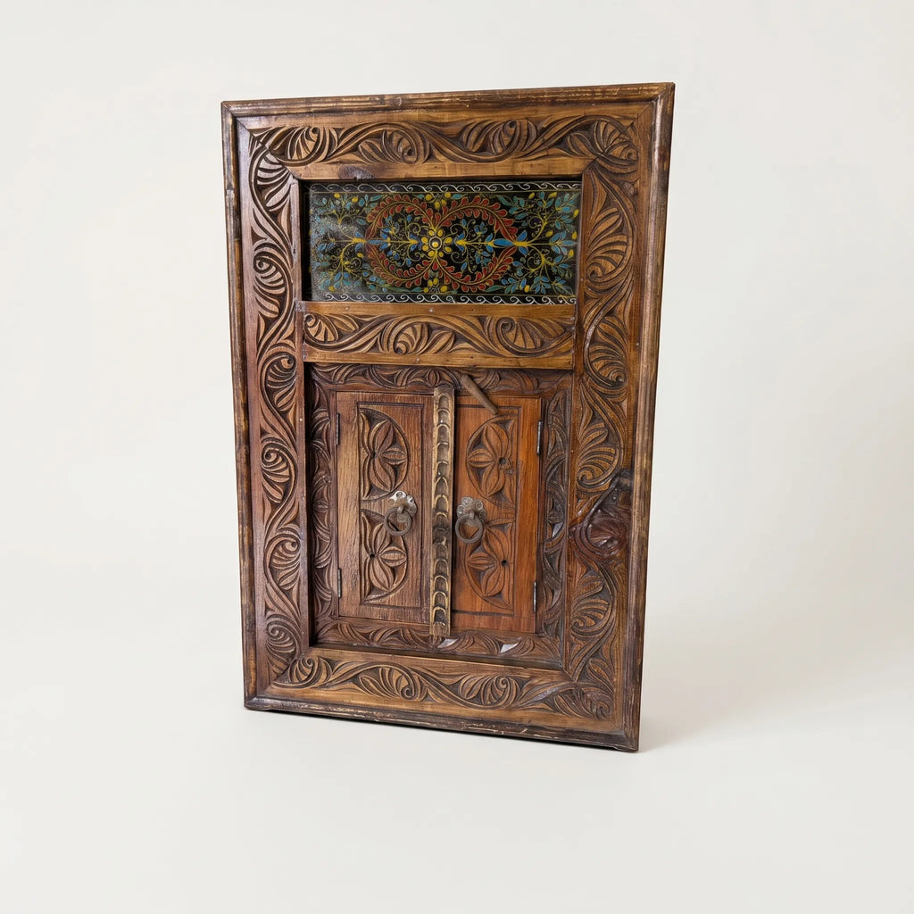 Hand-Carved Swati Mirror Frame with Doors – 20x30” Wooden Wall Decor Frame