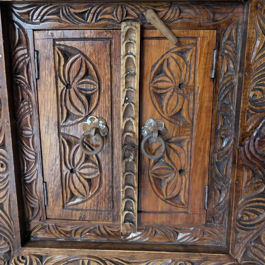 Hand-Carved Swati Mirror Frame with Doors – 20x30” Wooden Wall Decor Frame