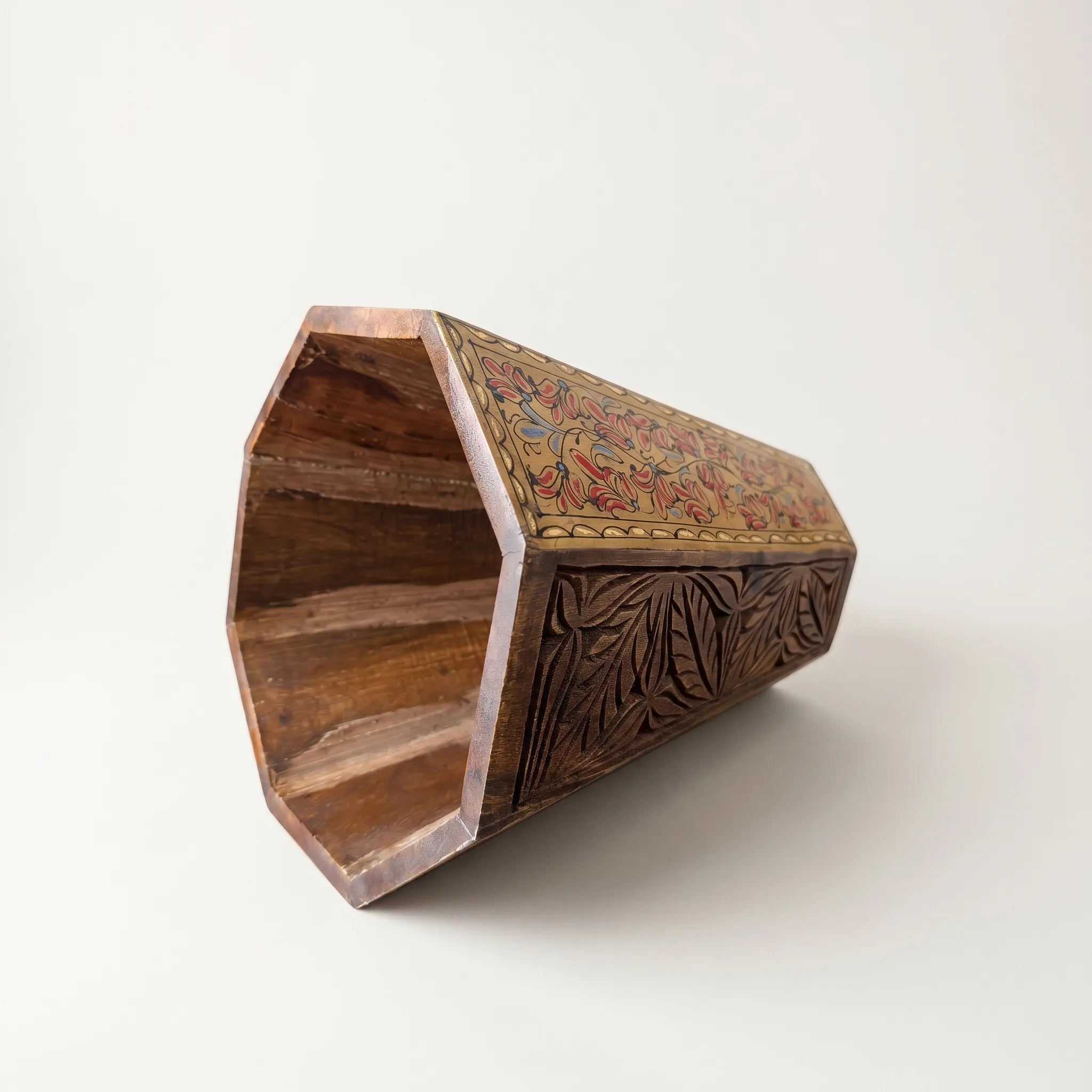 Hand-Carved Swati Wooden Basket – 12” Hexagonal Holder with Light Brown Oil-Painted Panels