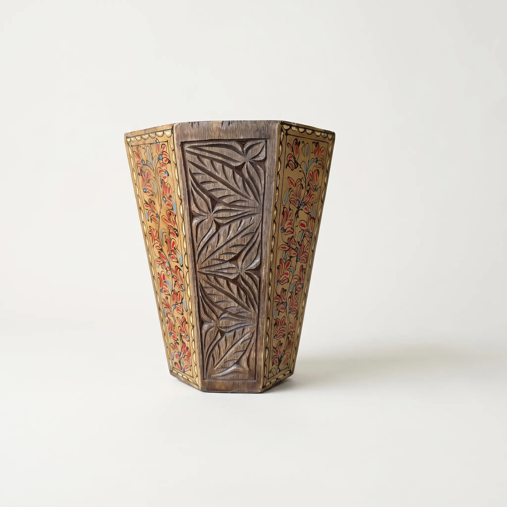 Hand-Carved Swati Wooden Basket – 12” Hexagonal Holder with Light Brown Oil-Painted Panels