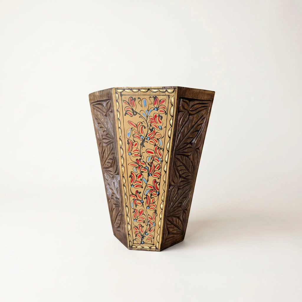 Hand-Carved Swati Wooden Basket – 12” Hexagonal Holder with Light Brown Oil-Painted Panels