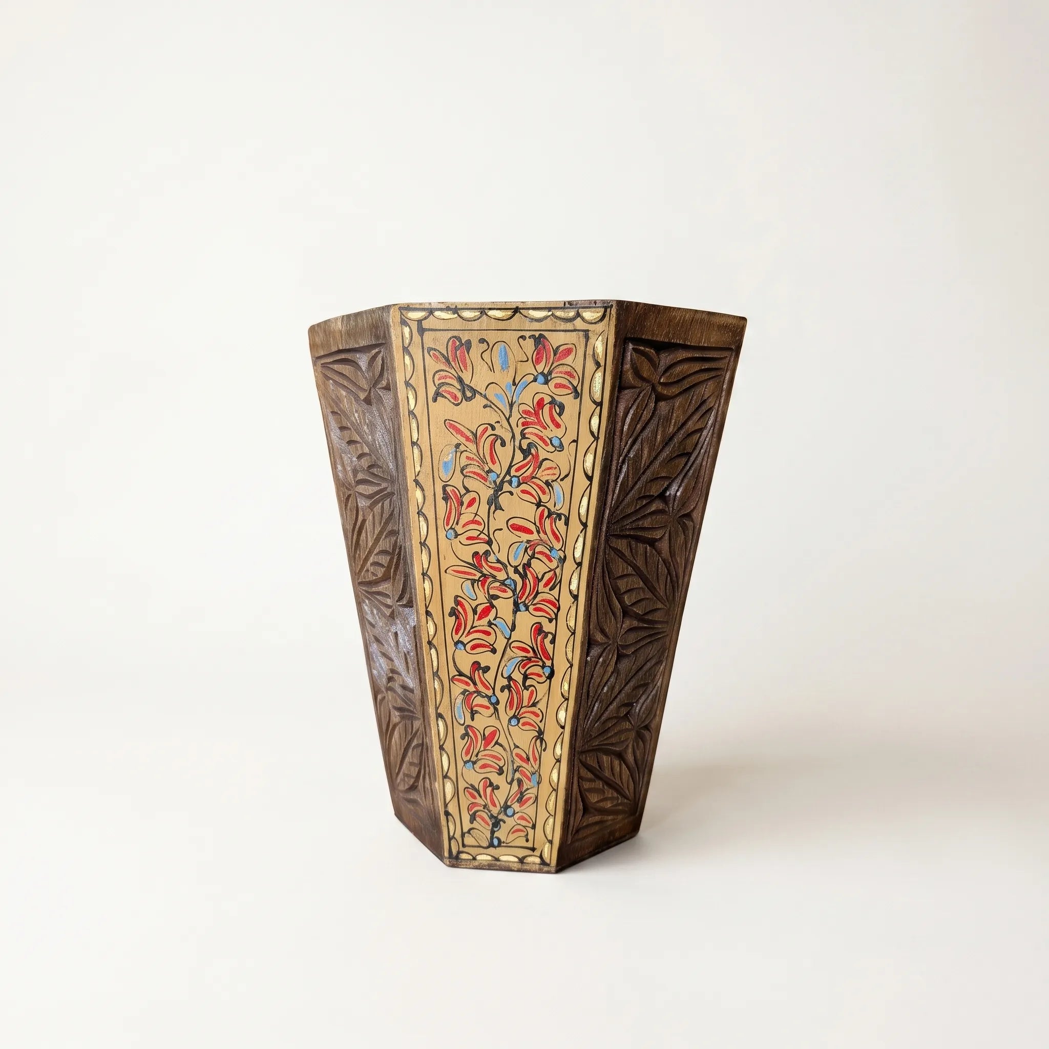 Hand-Carved Swati Wooden Basket – 12” Hexagonal Holder with Light Brown Oil-Painted Panels