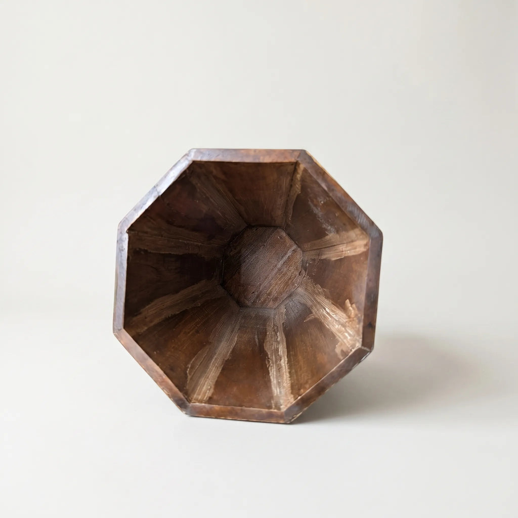 Hand-Carved Swati Wooden Basket – 12” Hexagonal Holder with Light Brown Oil-Painted Panels