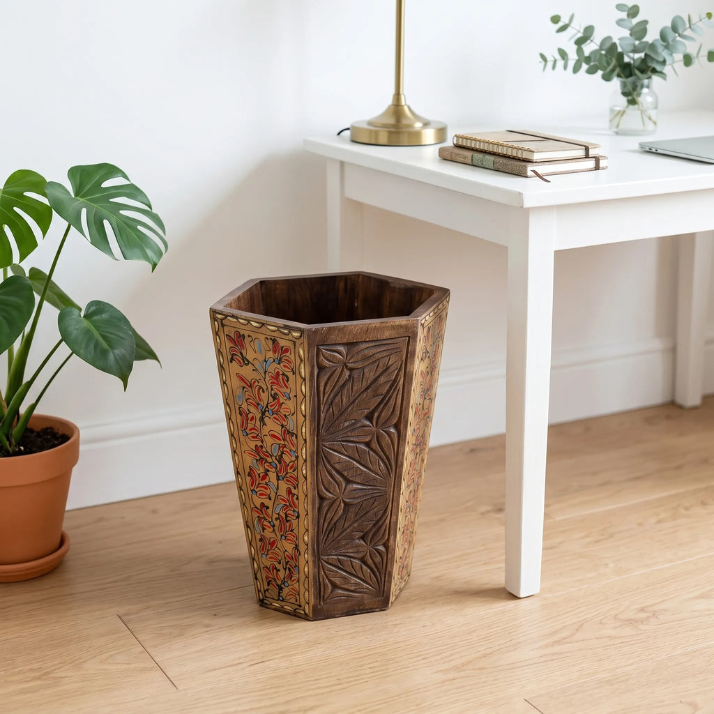 Hand-Carved Swati Wooden Basket – 12” Hexagonal Holder with Light Brown Oil-Painted Panels