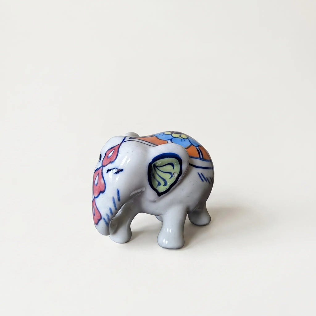 Hand-Painted Ceramic Elephant Figurine – 4” Decorative Blue Pottery Home Decor