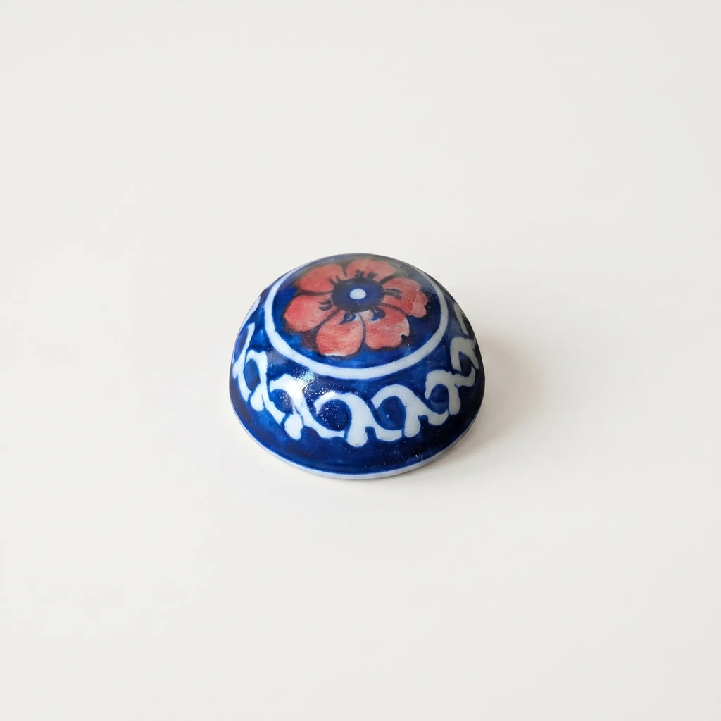 Blue Pottery Ceramic Paper Weight – 3” Desk Decor with Red Floral Top
