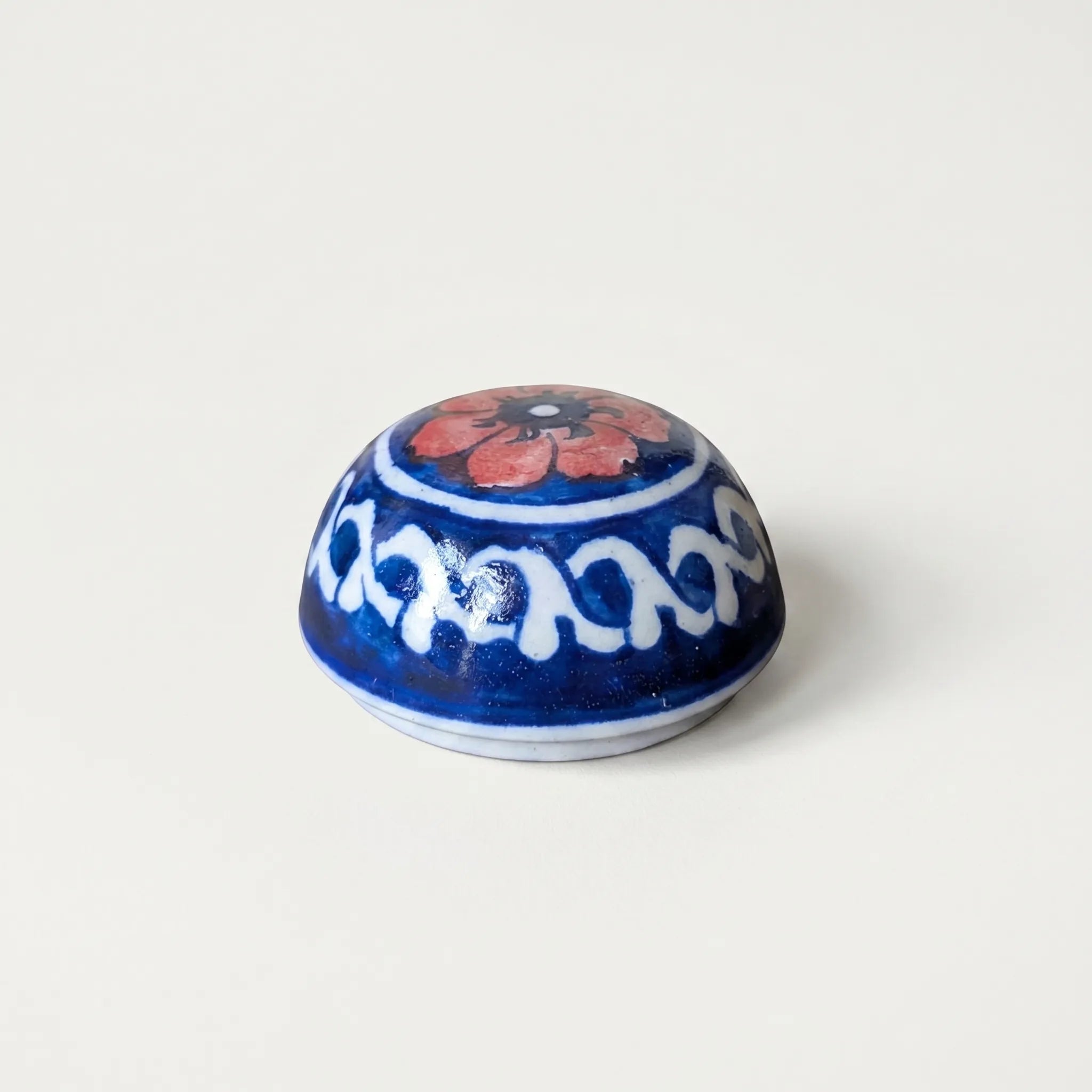 Blue Pottery Ceramic Paper Weight – 3” Desk Decor with Red Floral Top