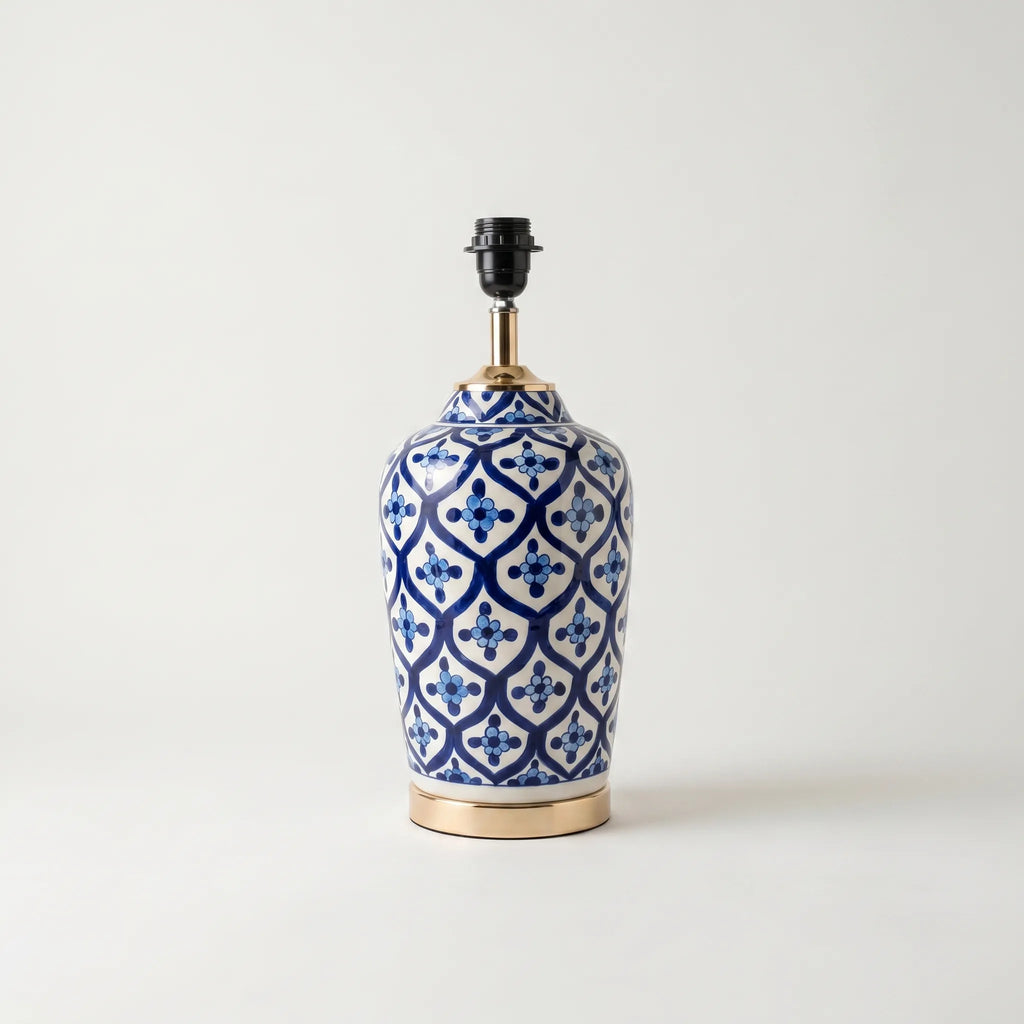 Blue Pottery Table Lamp Base – 16” Hand-Painted Ceramic Lamp with Geometric Floral Pattern