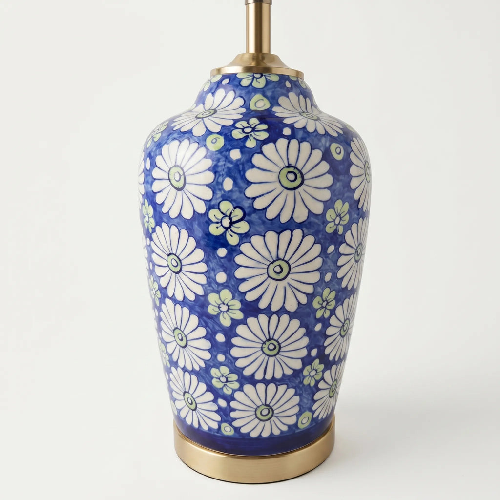 Blue Pottery Table Lamp Base – 16” Hand-Painted Ceramic Lamp with Daisy Floral Design