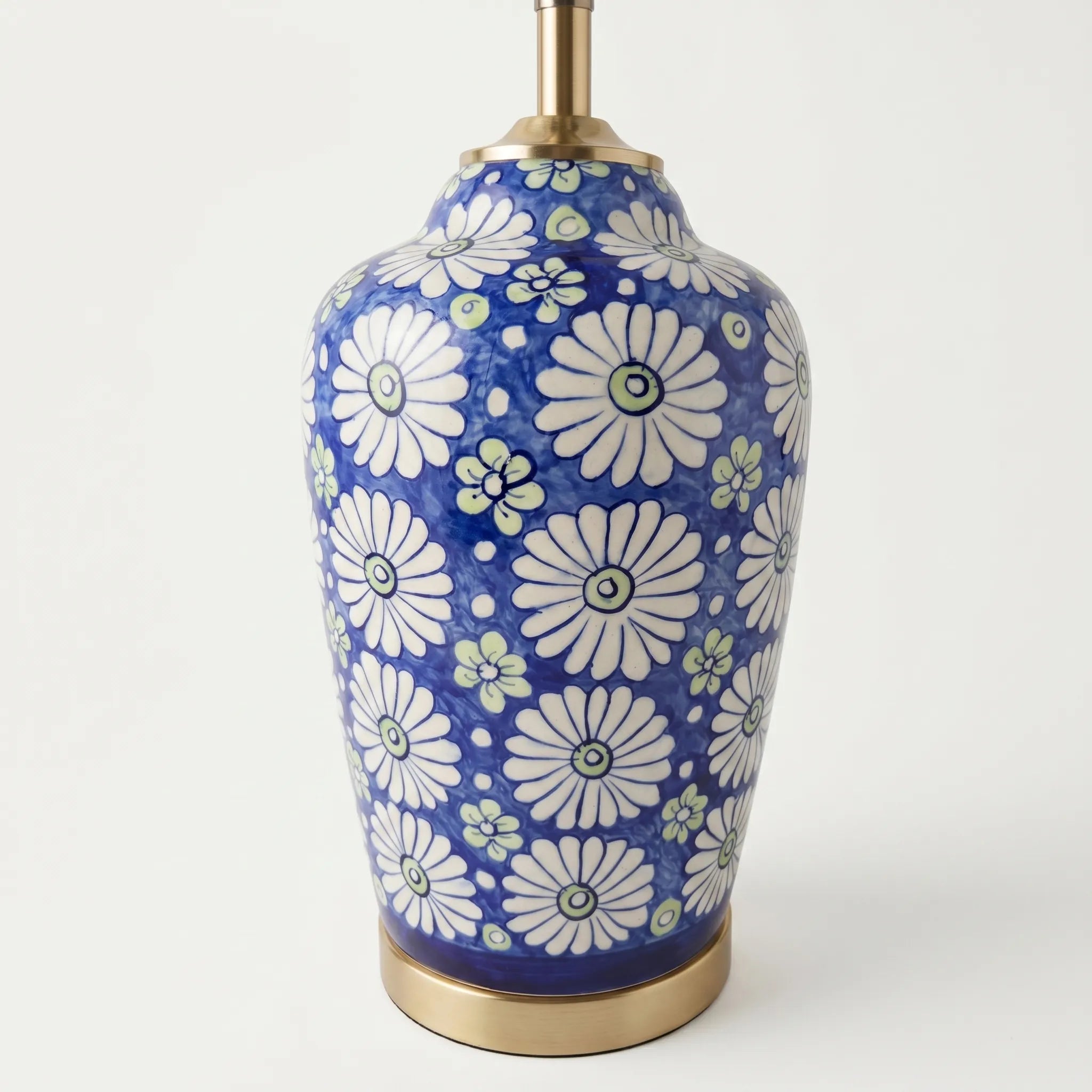 Blue Pottery Table Lamp Base – 16” Hand-Painted Ceramic Lamp with Daisy Floral Design
