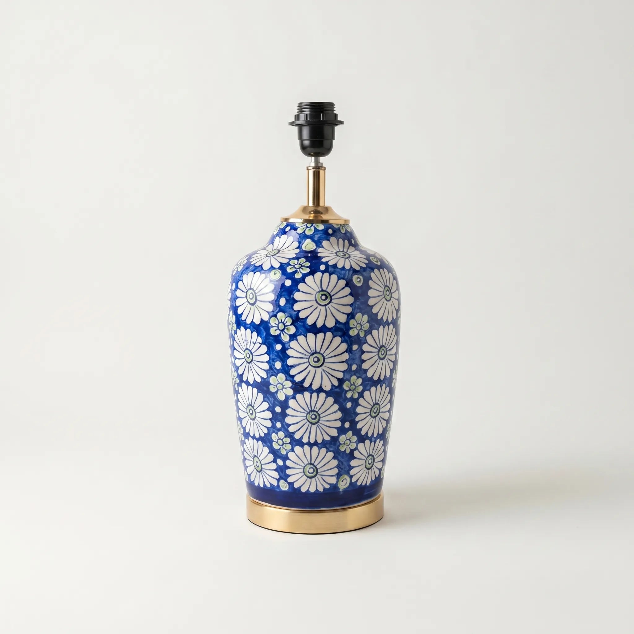 Blue Pottery Table Lamp Base – 16” Hand-Painted Ceramic Lamp with Daisy Floral Design