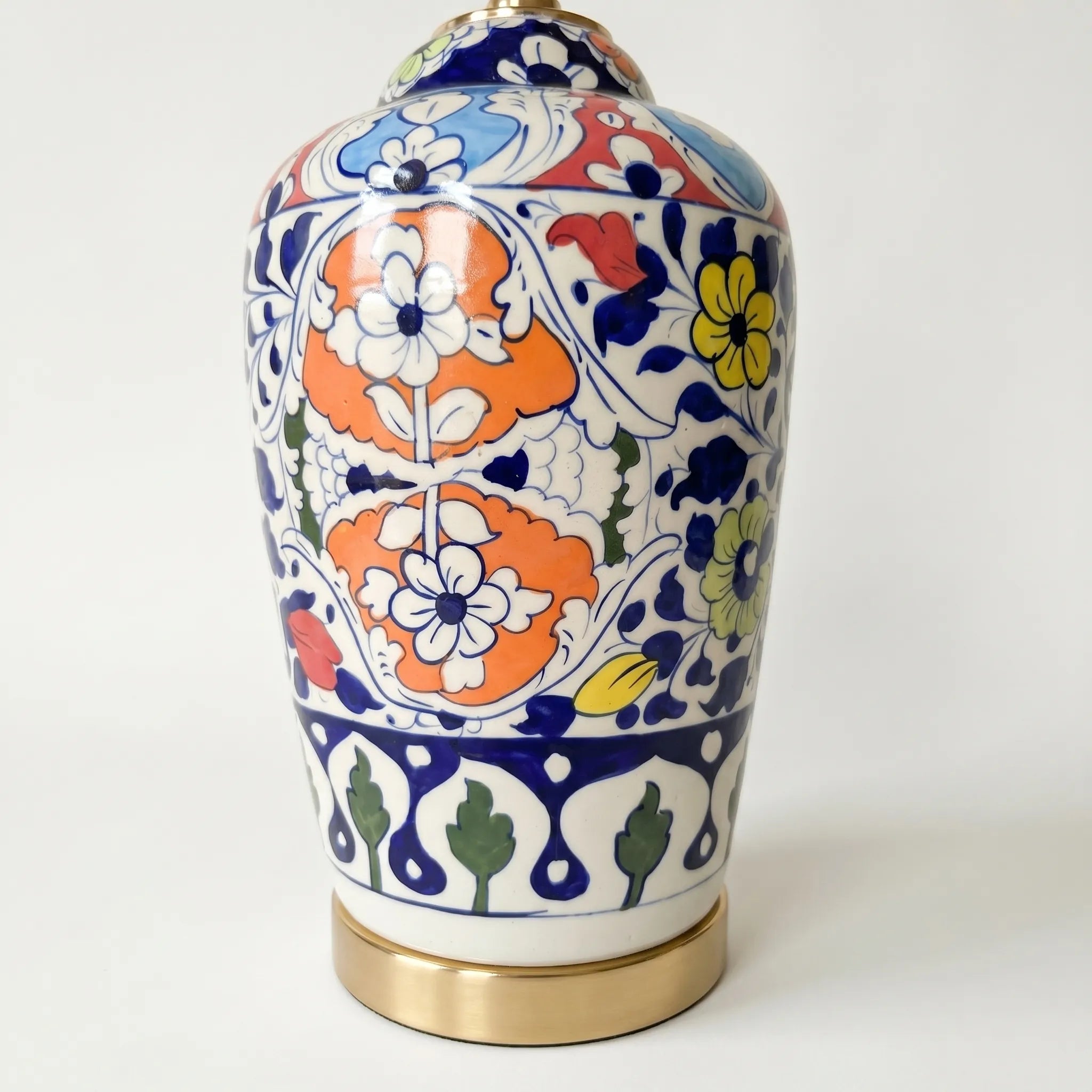 Blue Pottery Table Lamp Base – 16” Hand-Painted Ceramic Lamp with Multicolor Floral Design