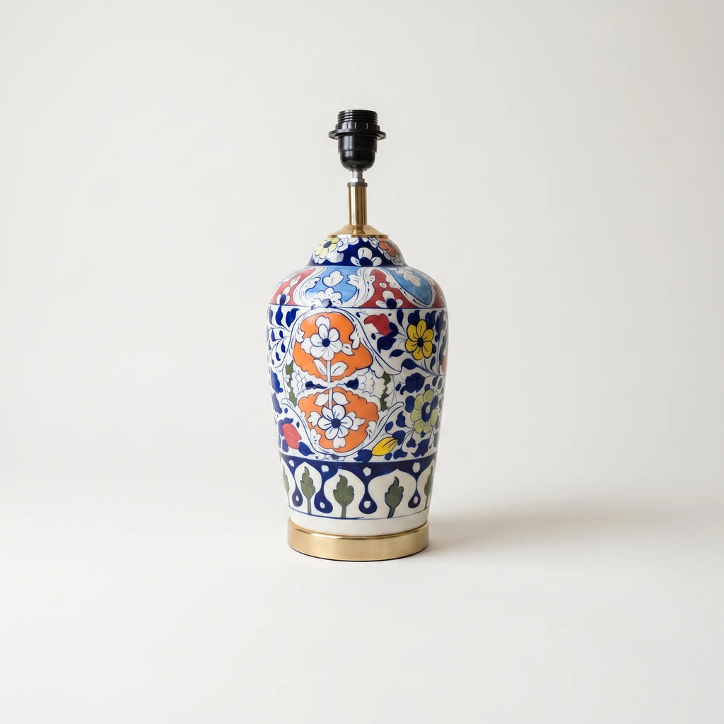 Blue Pottery Table Lamp Base – 16” Hand-Painted Ceramic Lamp with Multicolor Floral Design