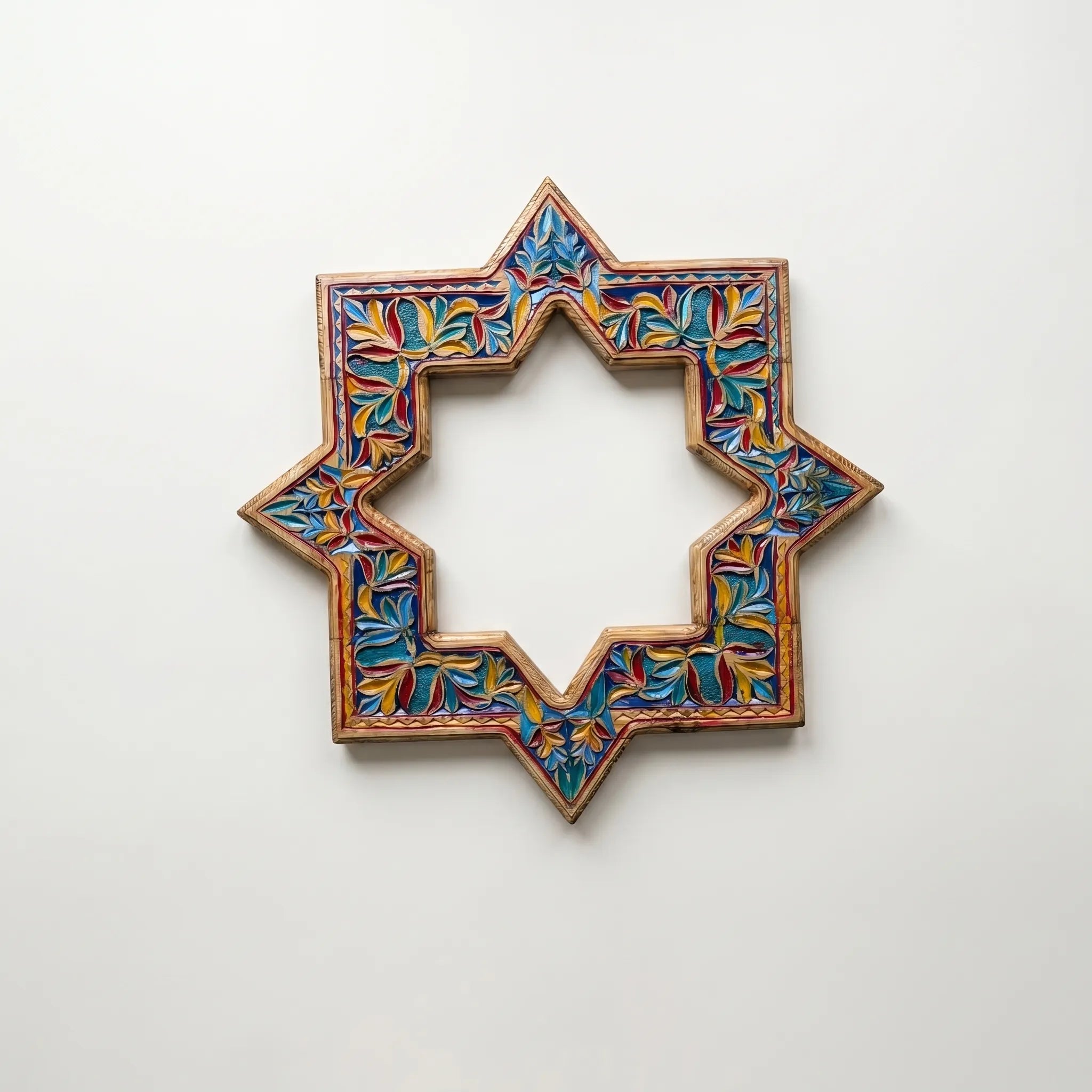 Colorful Swati Wooden Mirror Frame – 27” Hand-Carved Star Wall Frame