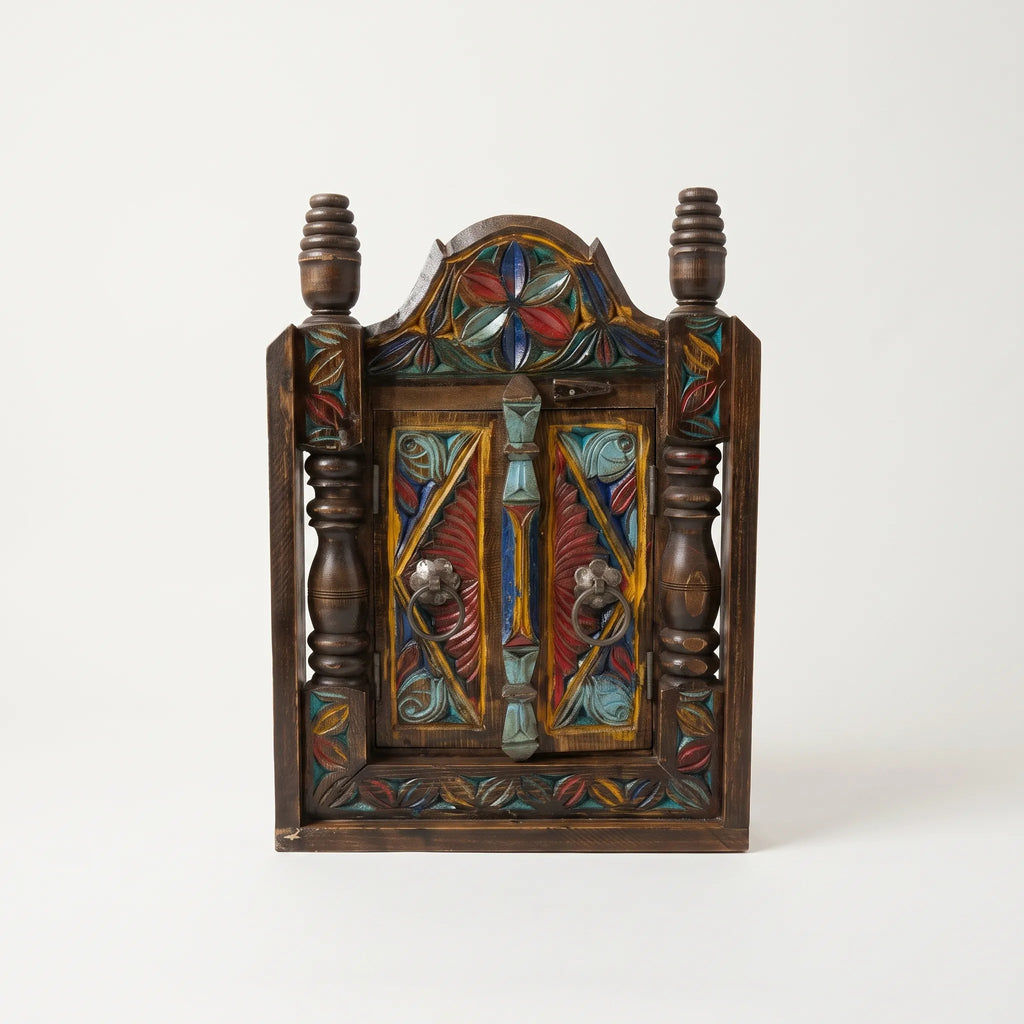 Swati Wooden Key Holder – 20” Hand-Carved Wall Key Cabinet with Doors