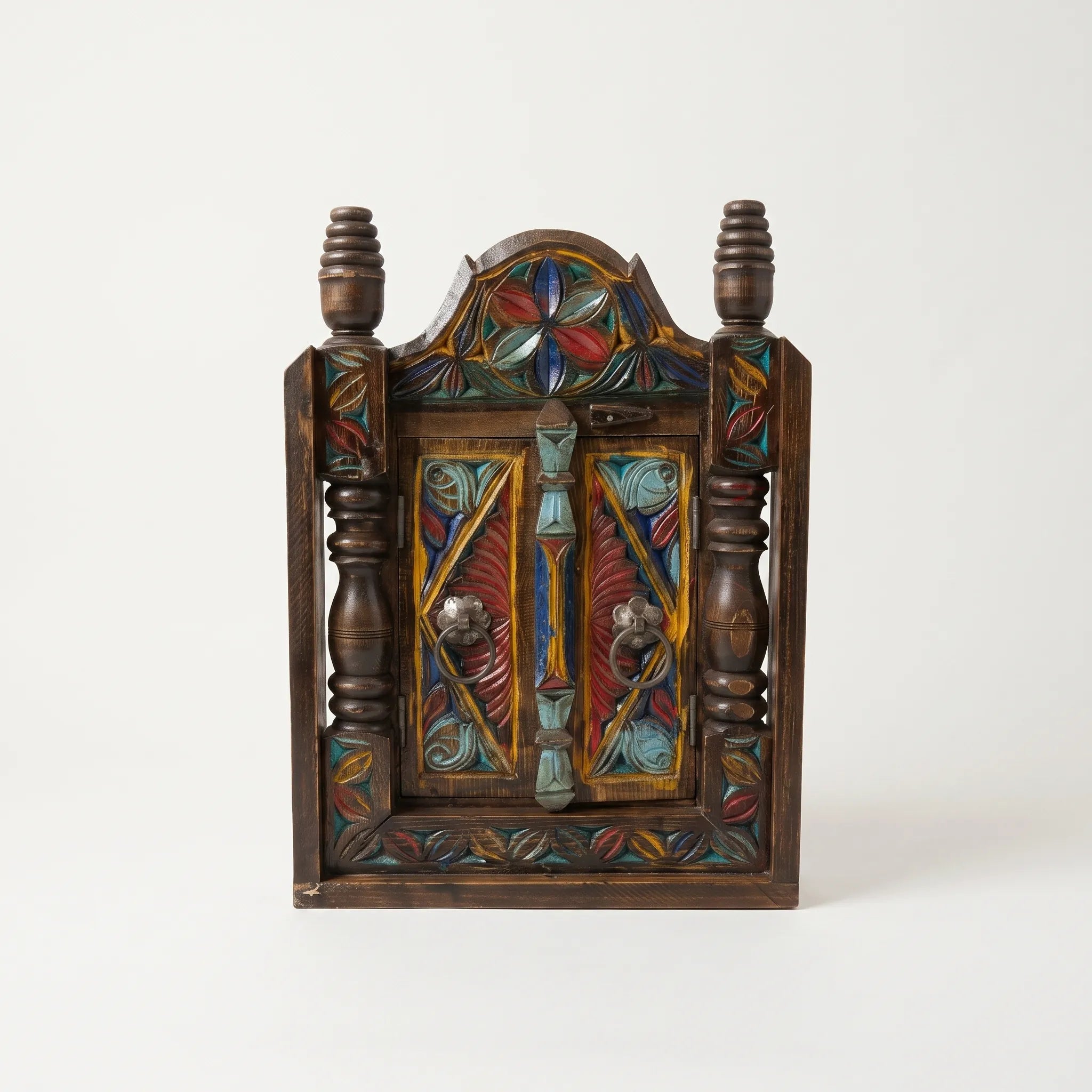 Swati Wooden Key Holder – 20” Hand-Carved Wall Key Cabinet with Doors