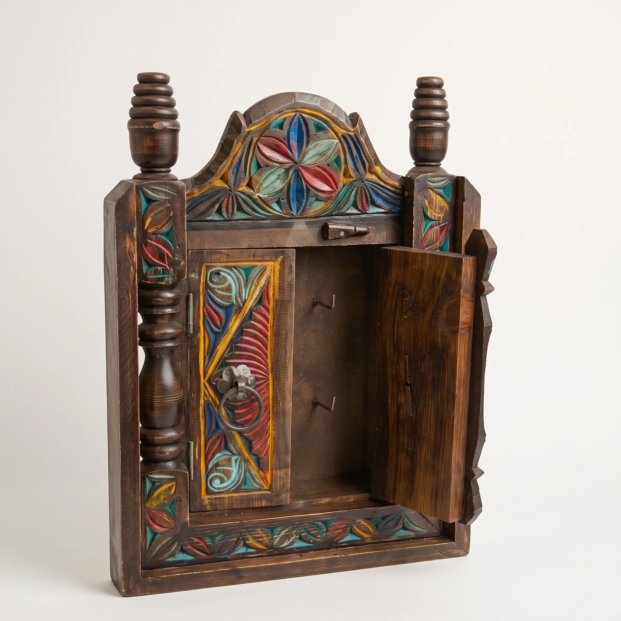 Swati Wooden Key Holder – 20” Hand-Carved Wall Key Cabinet with Doors