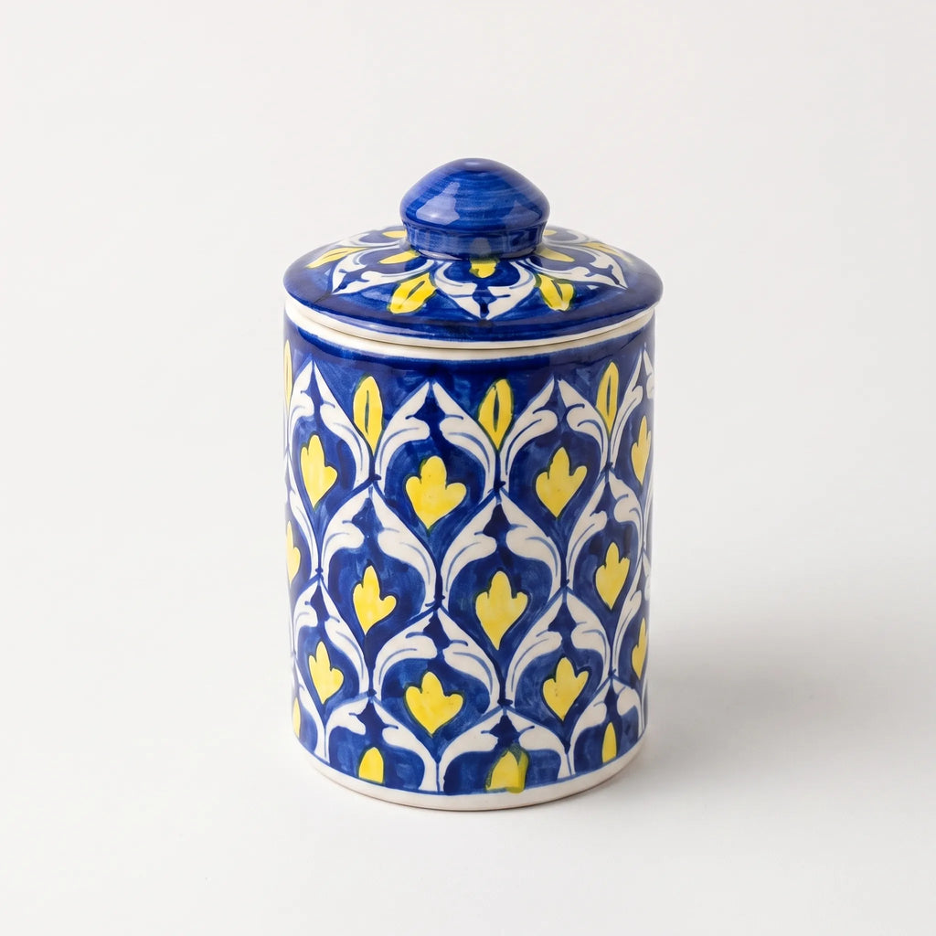 Multani Blue Pottery Canister Jar - 6" Blue & Yellow Trellis Design