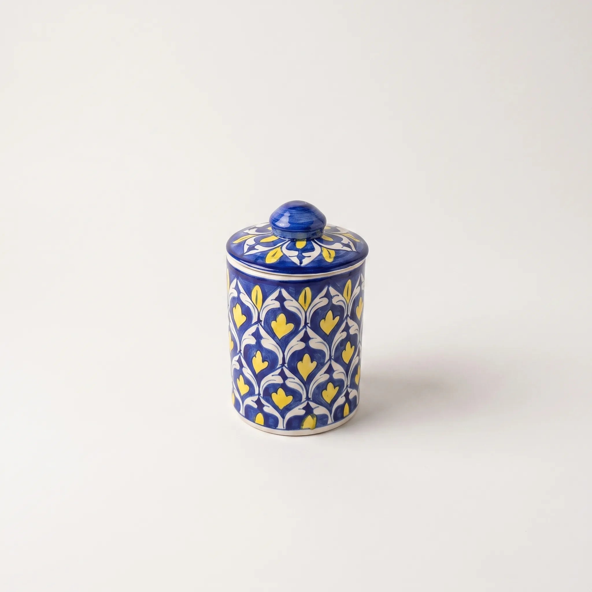 Multani Blue Pottery Canister Jar - 6" Blue & Yellow Trellis Design