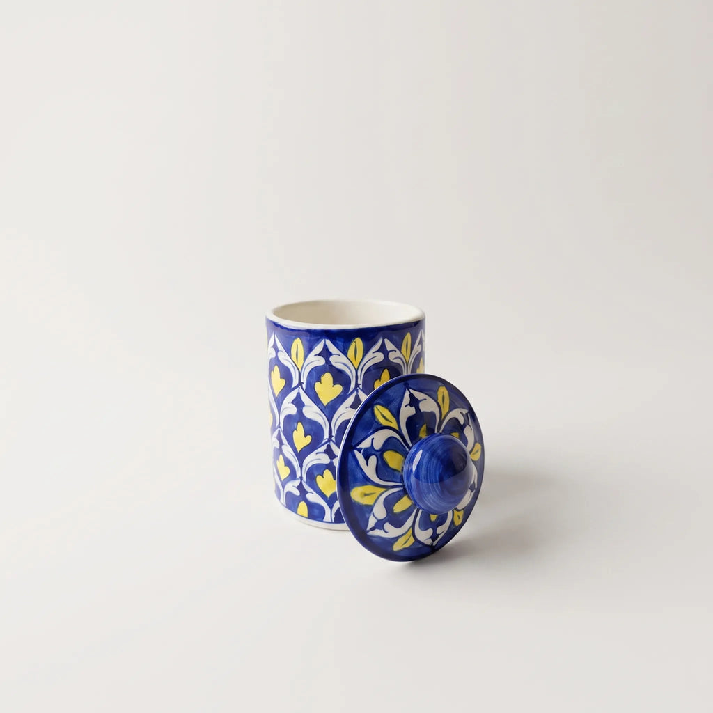 Multani Blue Pottery Canister Jar - 6" Blue & Yellow Trellis Design