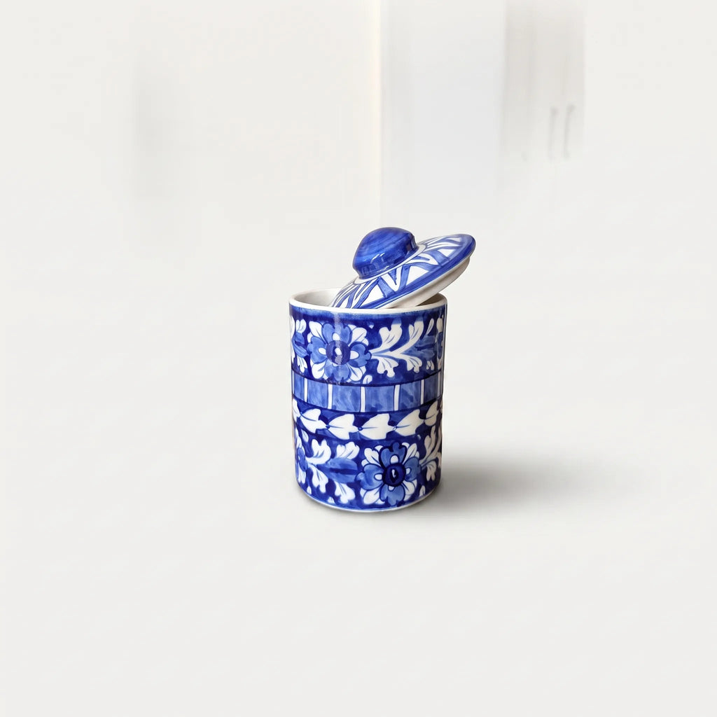 Multani Blue Pottery Canister Jar - 6" Blue & White Layered Floral Design