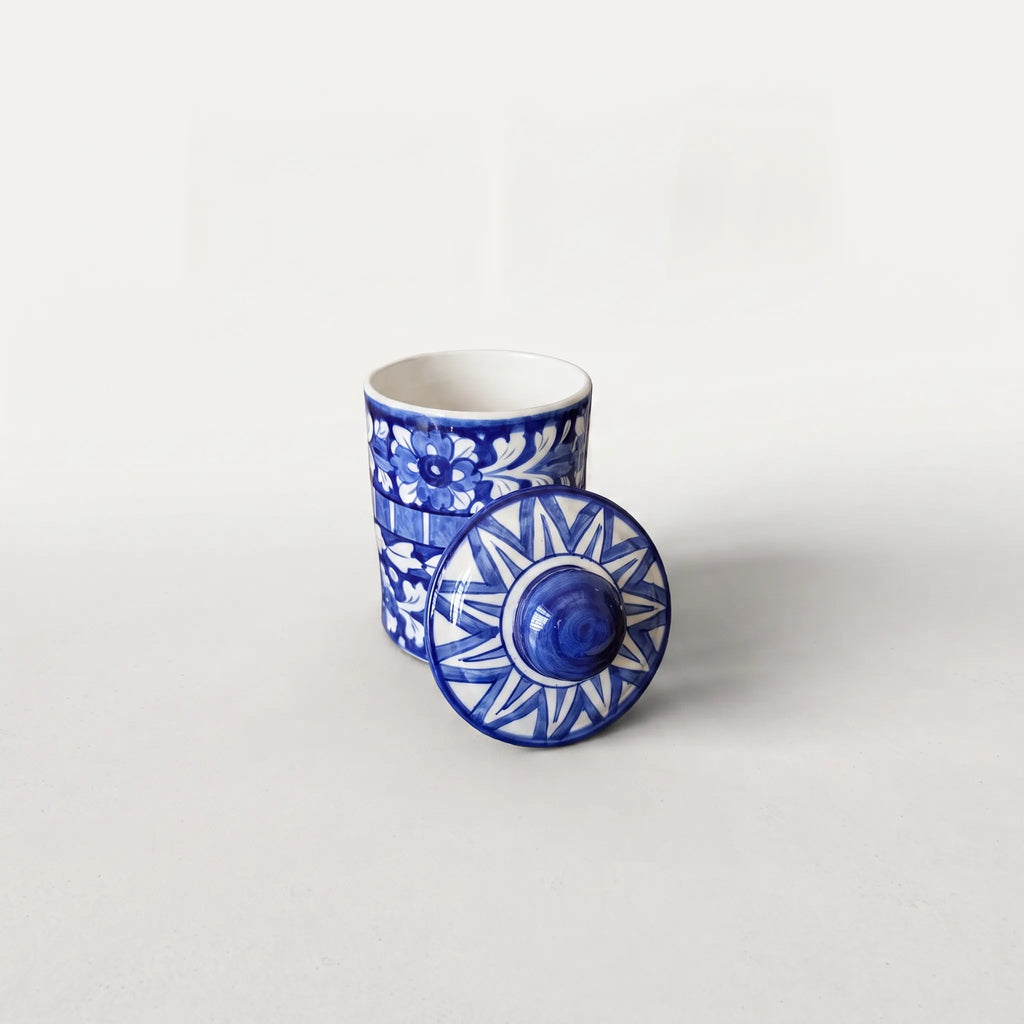 Multani Blue Pottery Canister Jar - 6" Blue & White Layered Floral Design