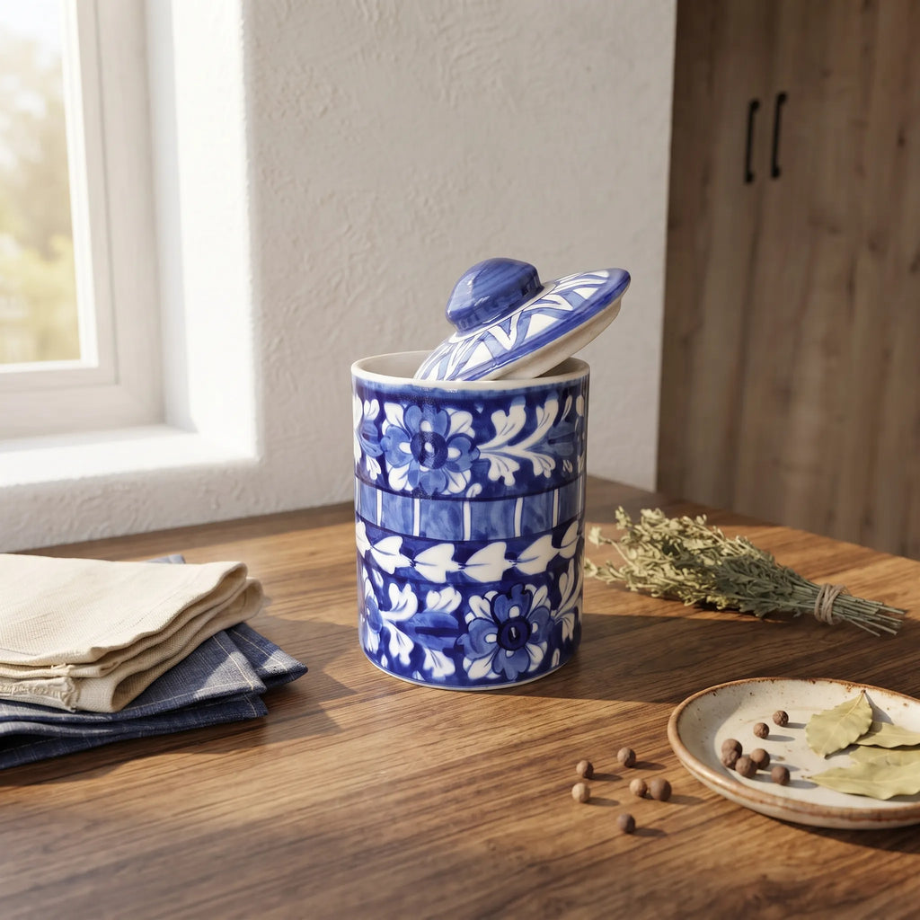 Multani Blue Pottery Canister Jar - 6" Blue & White Layered Floral Design