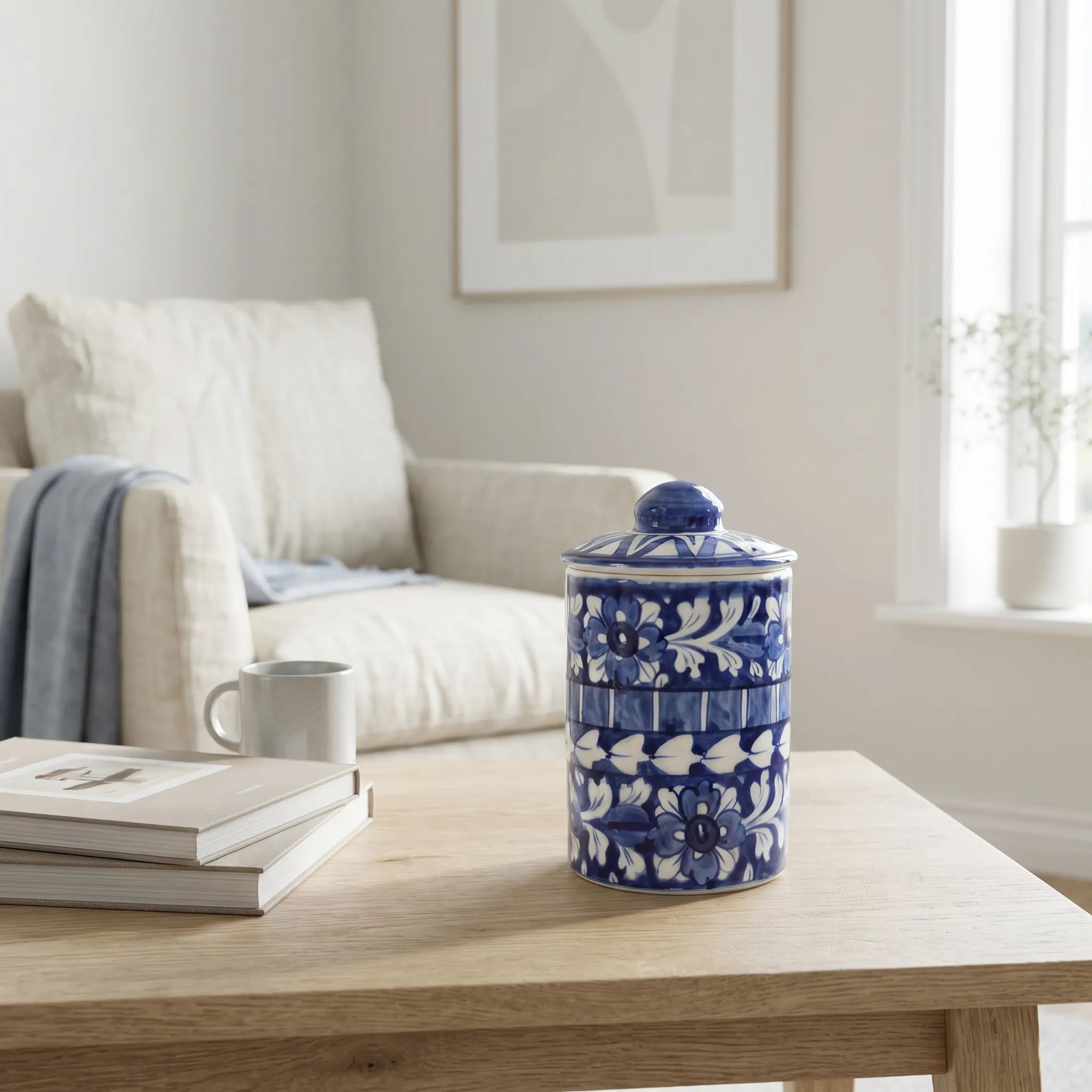 Multani Blue Pottery Canister Jar - 6" Blue & White Layered Floral Design