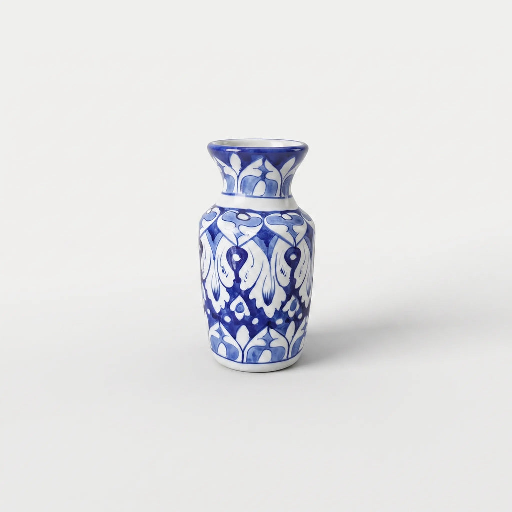 Handmade Blue Pottery Mirror Blossom Traditional Vase - 8 Inch Ceramic