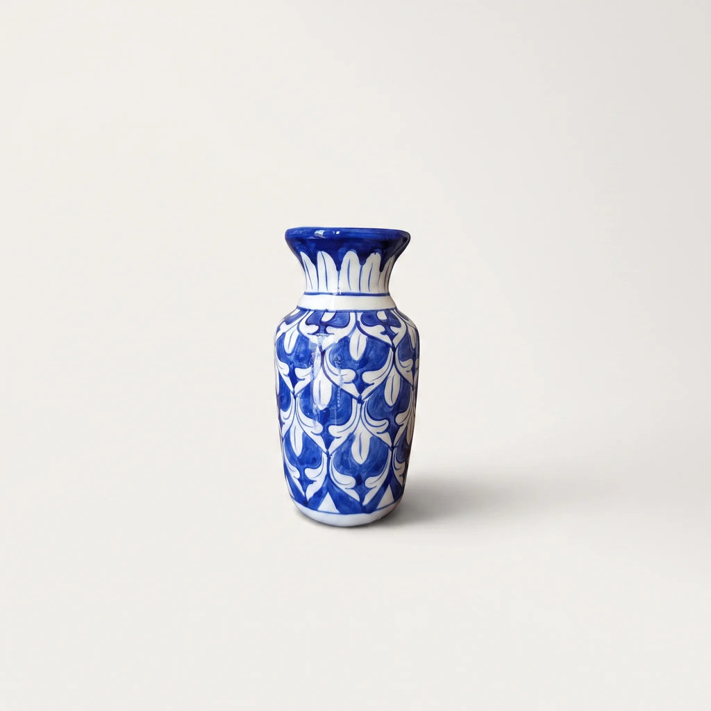 Handmade Blue Pottery Cobalt Trellis Traditional Vase - 8 Inch Ceramic