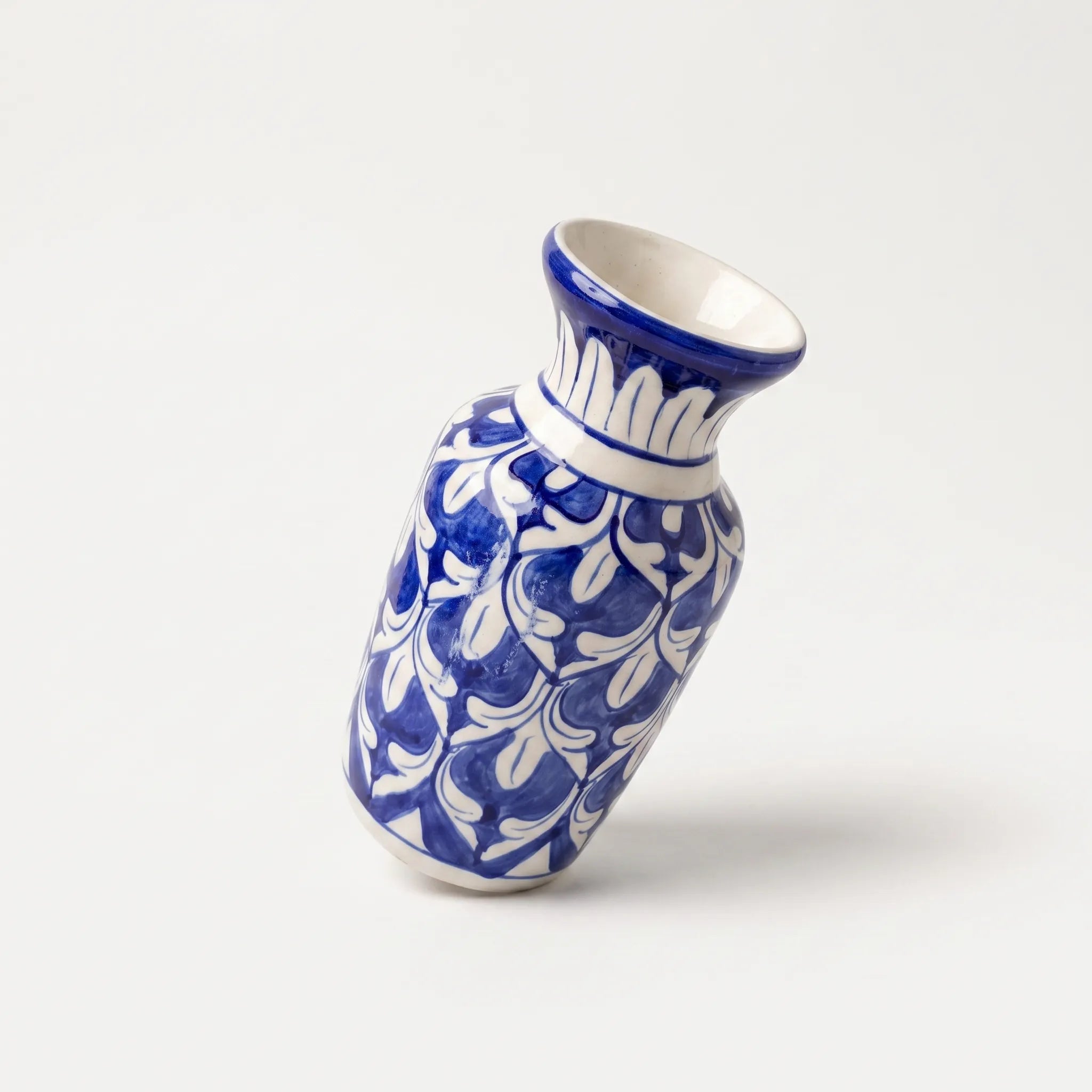 Handmade Blue Pottery Cobalt Trellis Traditional Vase - 8 Inch Ceramic