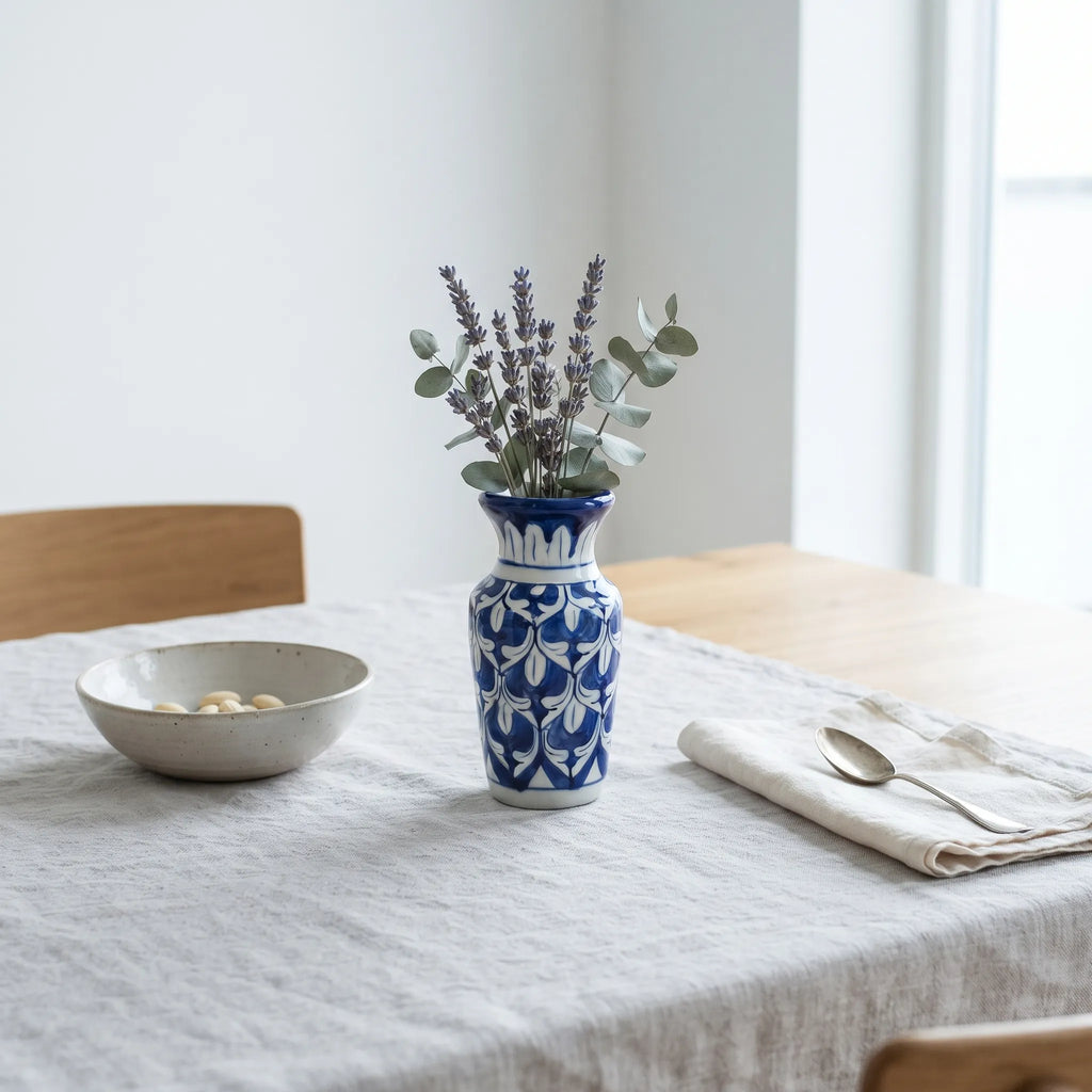 Handmade Blue Pottery Cobalt Trellis Traditional Vase - 8 Inch Ceramic
