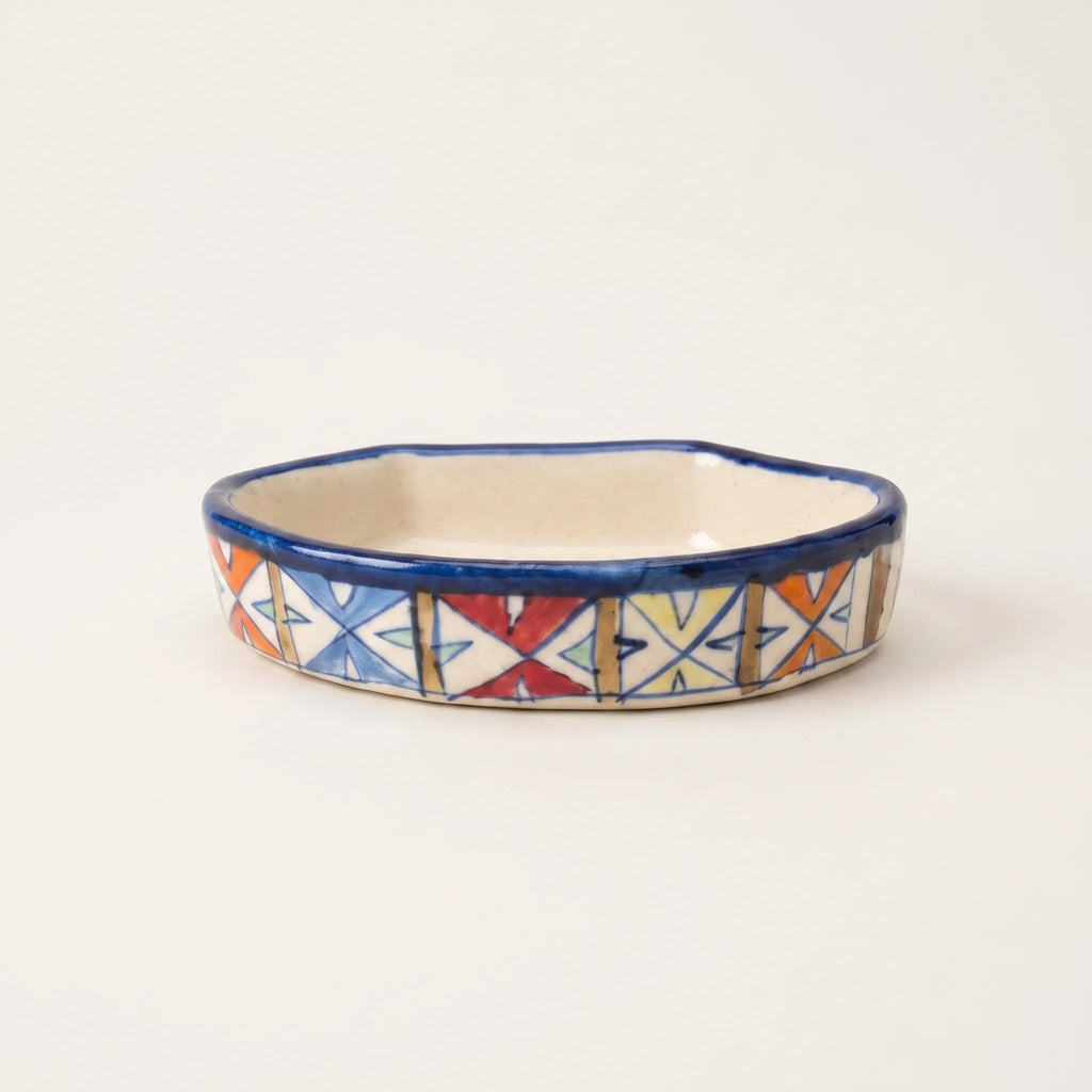 Handmade Blue Pottery Soap Dish Multicolor Geometric - 6x3.5 Inch