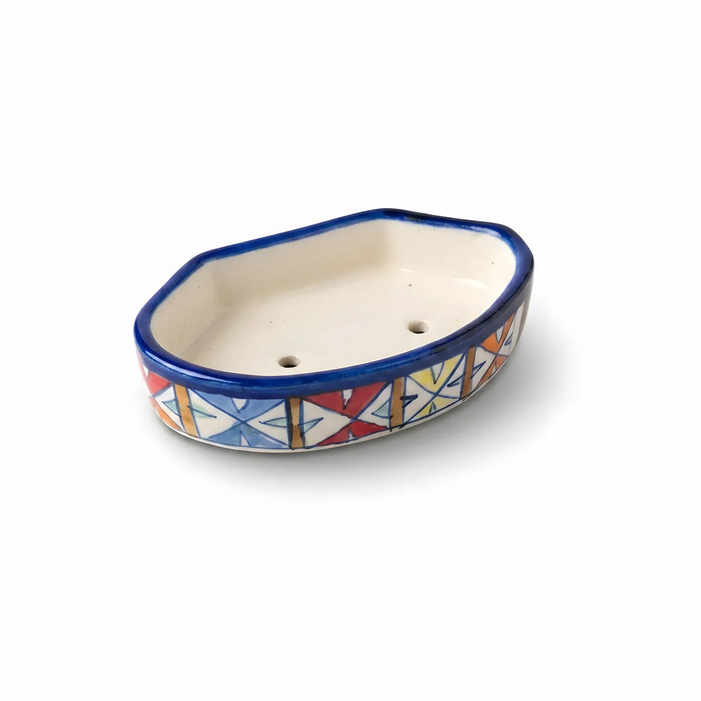 Handmade Blue Pottery Soap Dish Multicolor Geometric - 6x3.5 Inch