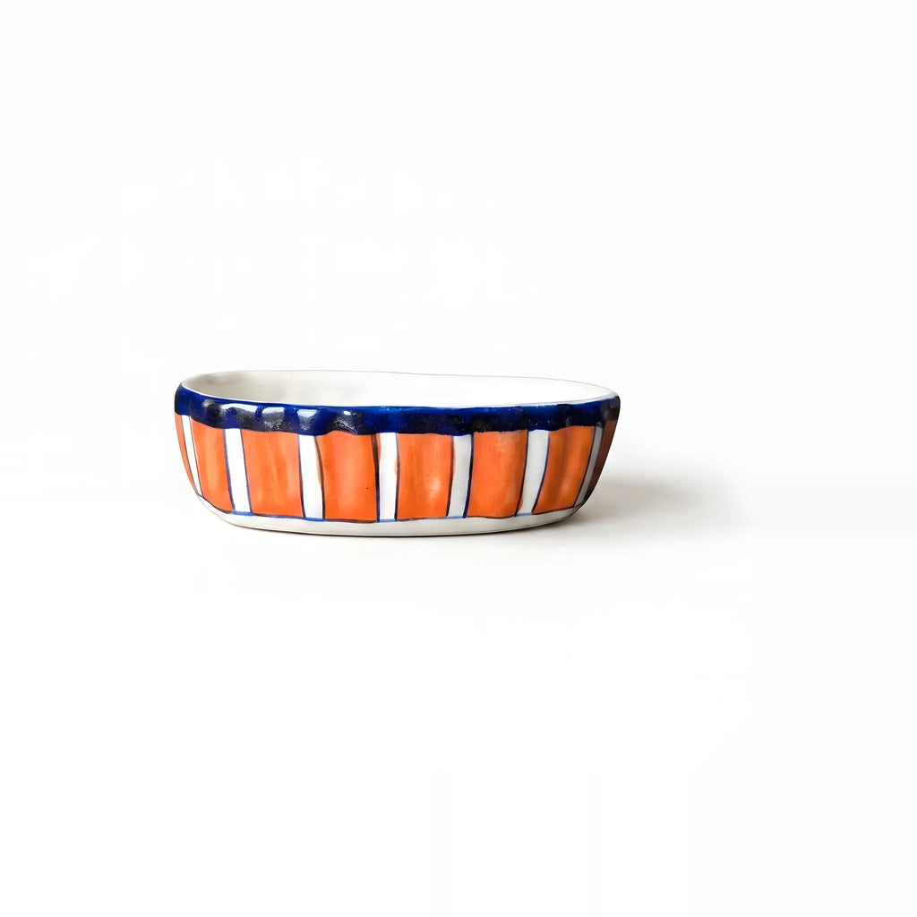 Handmade Blue Pottery Soap Dish Orange Stripes - 6x3.5 Inch