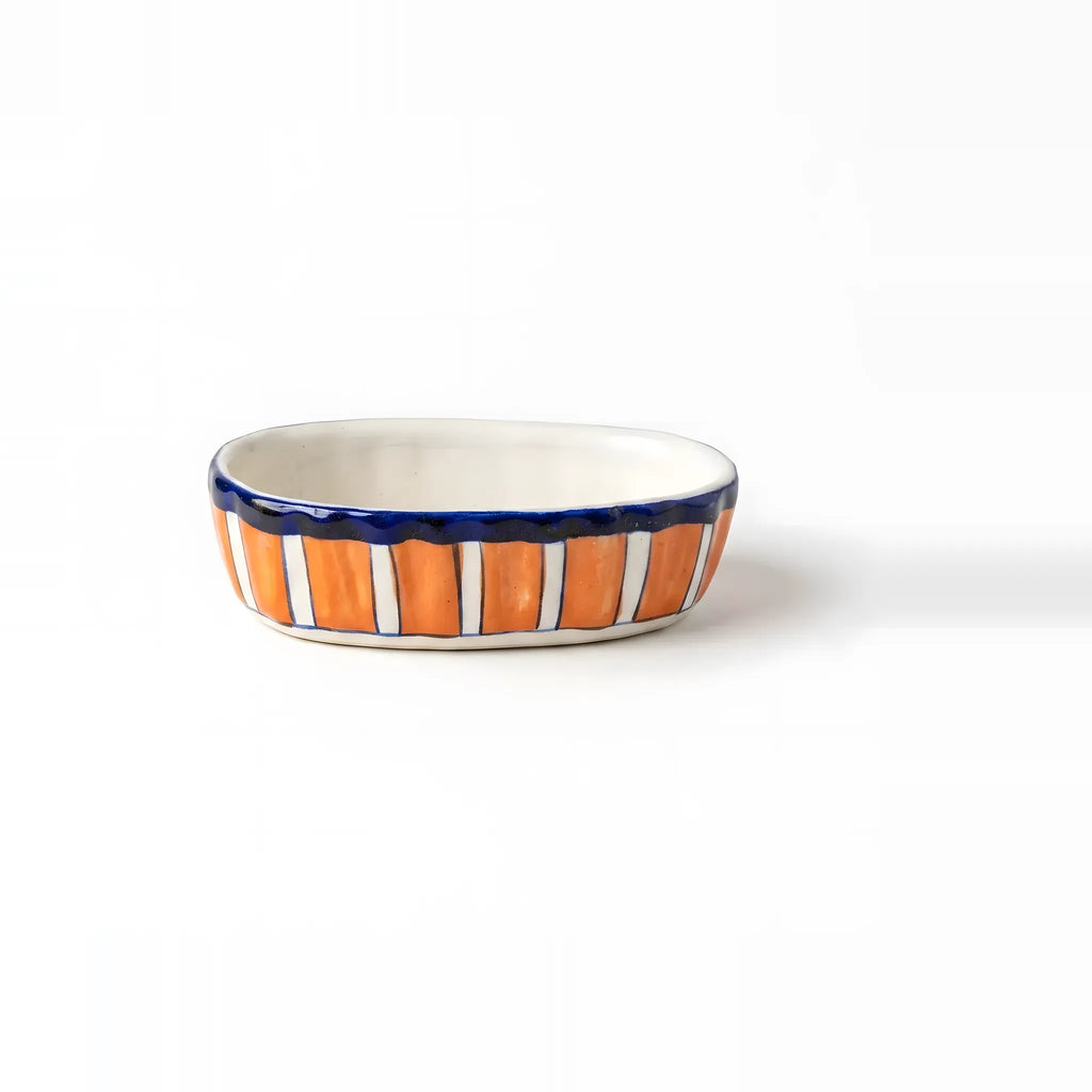 Handmade Blue Pottery Soap Dish Orange Stripes - 6x3.5 Inch