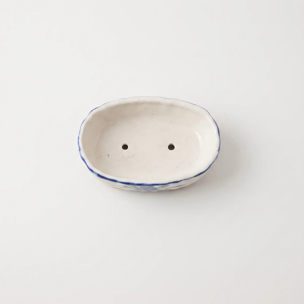 Handmade Blue Pottery Soap Dish Orange Stripes - 6x3.5 Inch