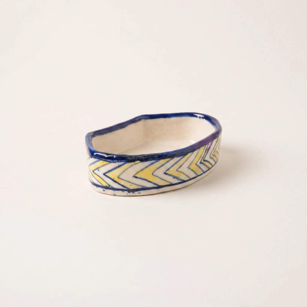 Handmade Blue Pottery Soap Dish Yellow Chevron - 6x3.5 Inch